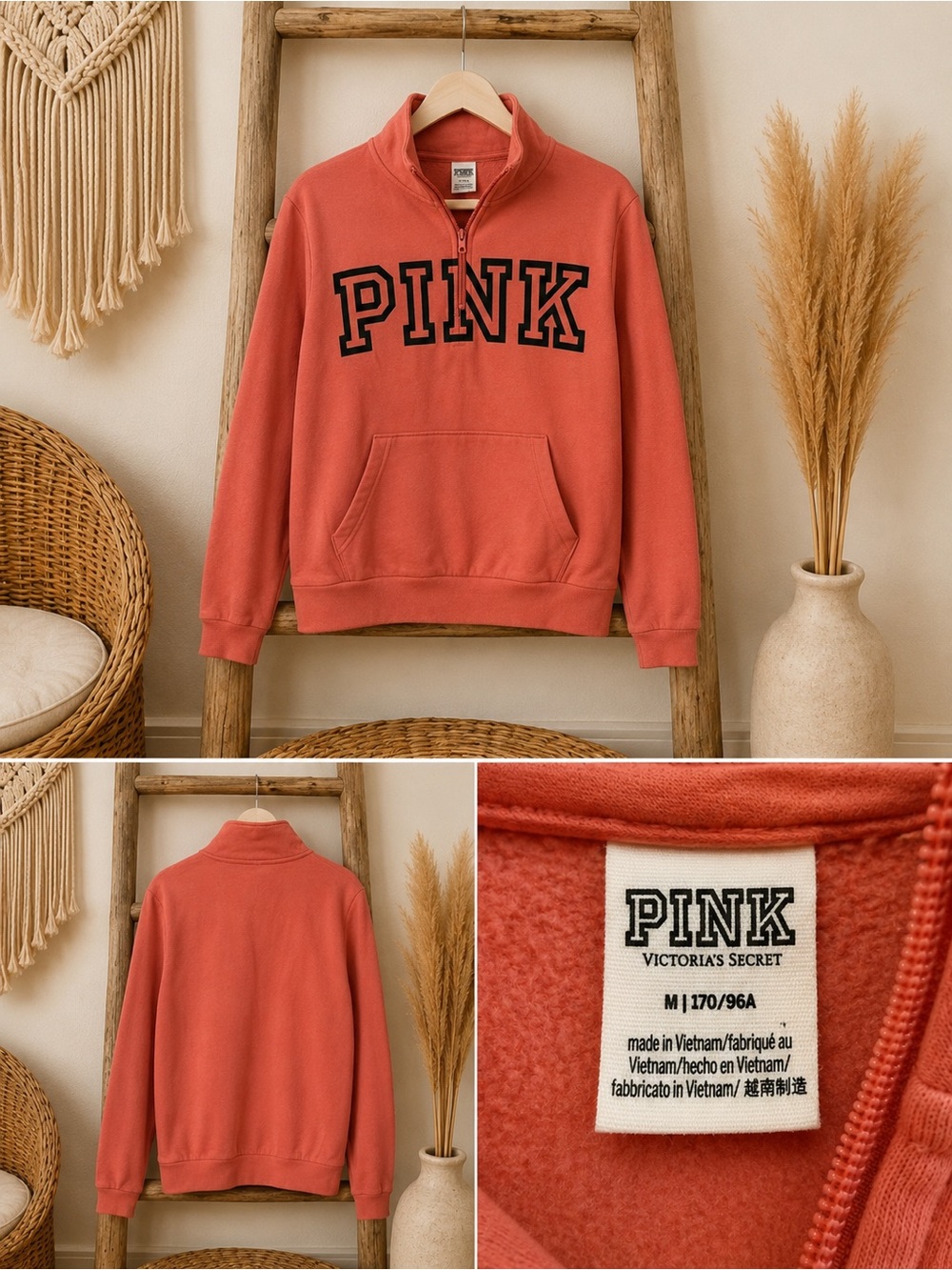 PINK Victoria's Secret Coral Half‑Zip Pullover with Black Lettering
